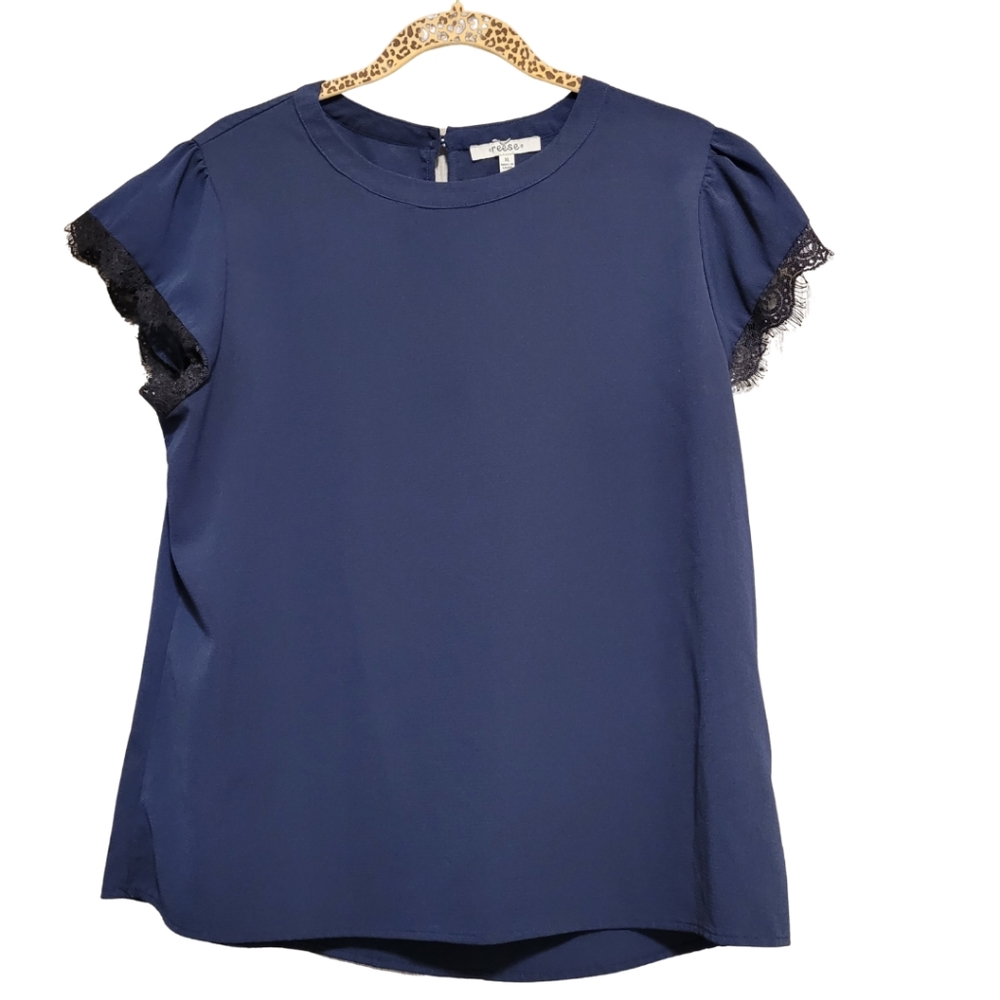 Reese Navy Top with Lace detail on Sleeves. Size XL